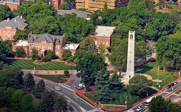 Aerial view of Holiday Hall and the Belltower