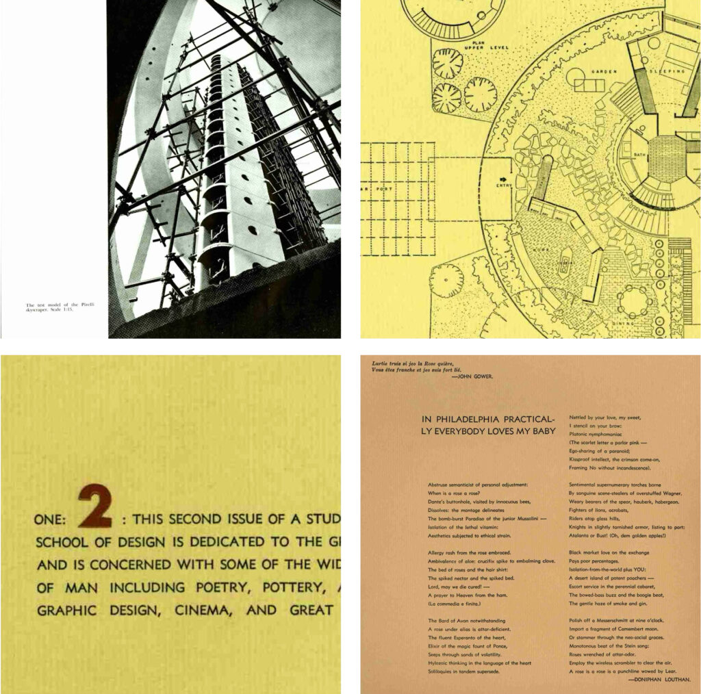 A spread featuring modern layouts with a mix of photographs and and schematic drawings.