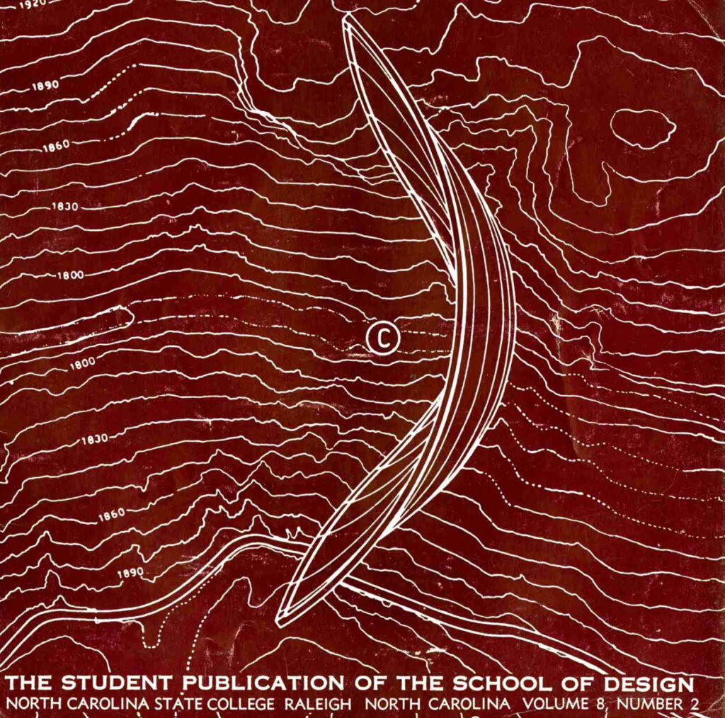 An illustrated topographical map with lines of white and deep red.