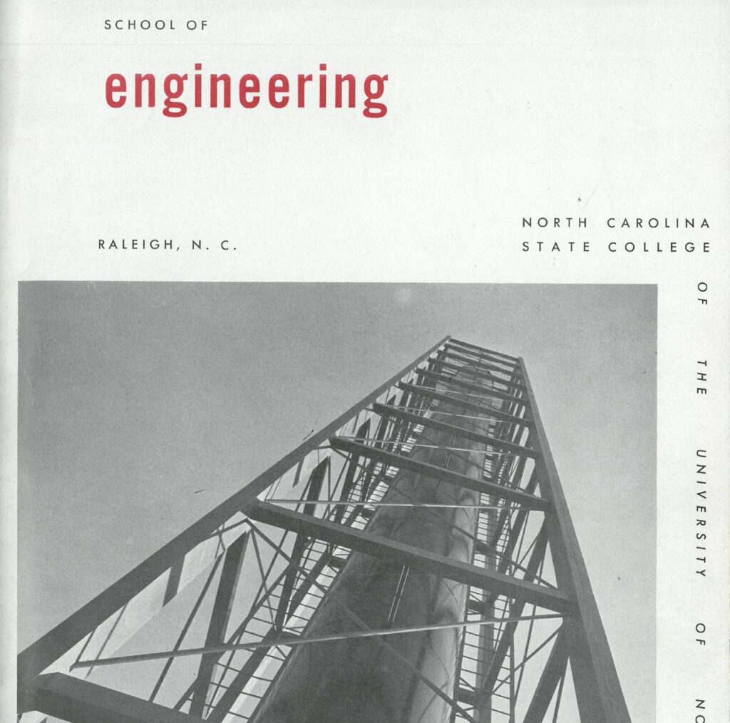 The cover of a College of Engineering publication featuring modern typography and a photo of a towering structure.