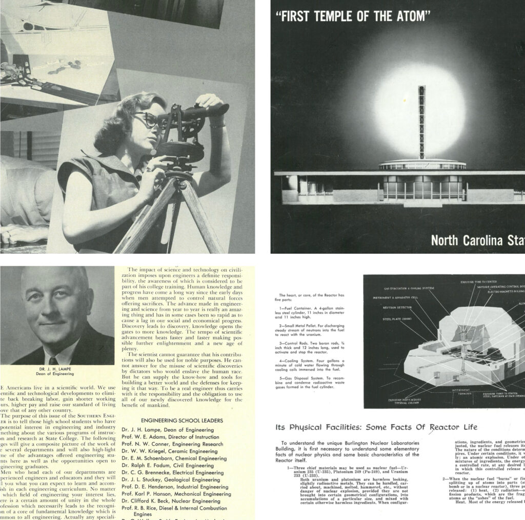 A spread in a 1950s College of Engineering publication with bold geometric layout and photography.