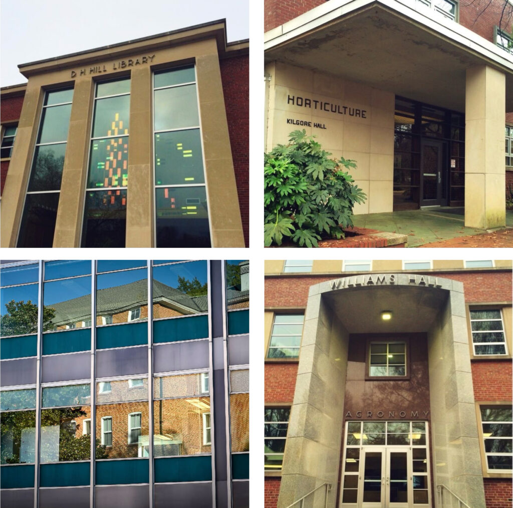 Exteriors of campus buildings using mid-century modern architectural style.