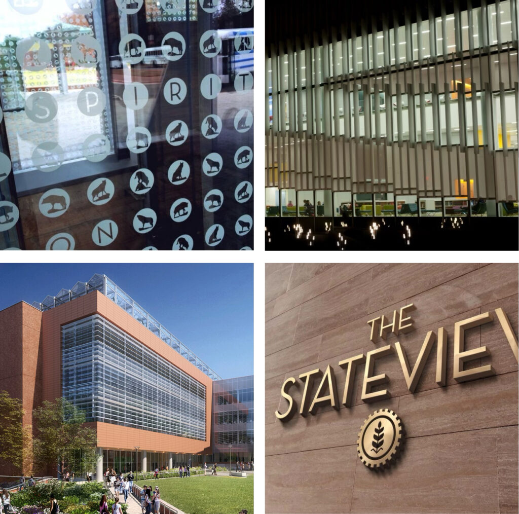 Exteriors of newer campus buildings that deftly blend modern design with our mid-century roots.