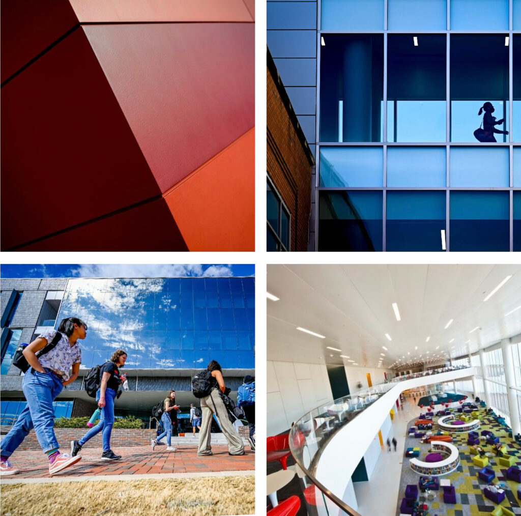 Examples of sharp corners, expansive windows and vibrant colors across today's campus.