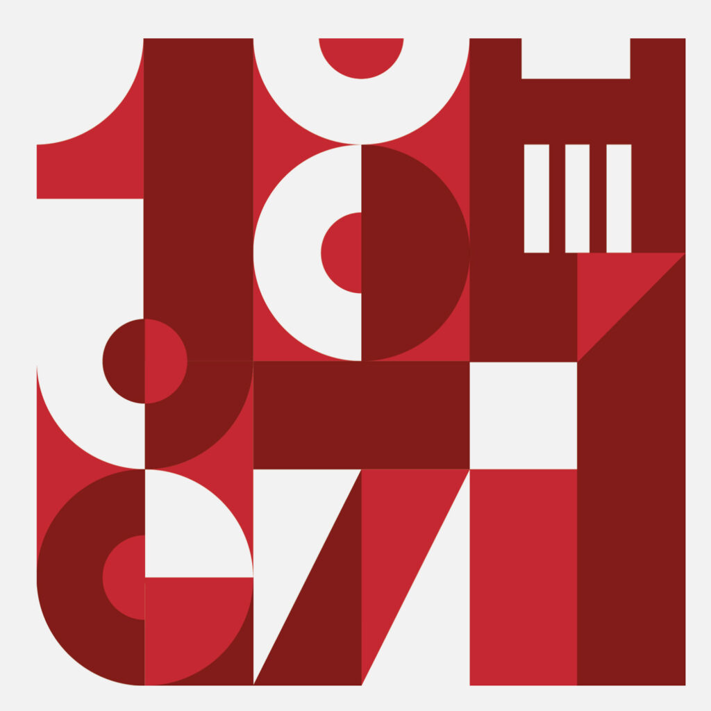 A Bauhaus-style design with the Memorial Belltower and the number 1887, our founding year.