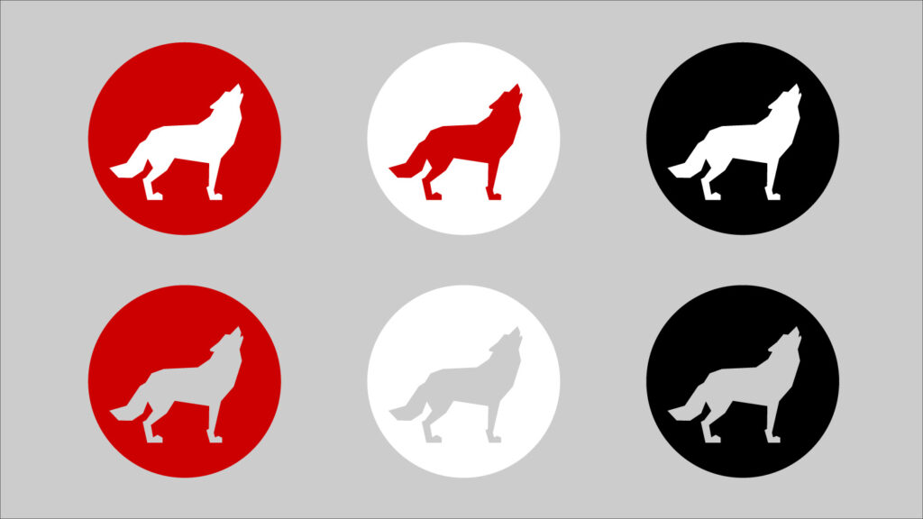 Variations of the circle wolf in red, white and black.