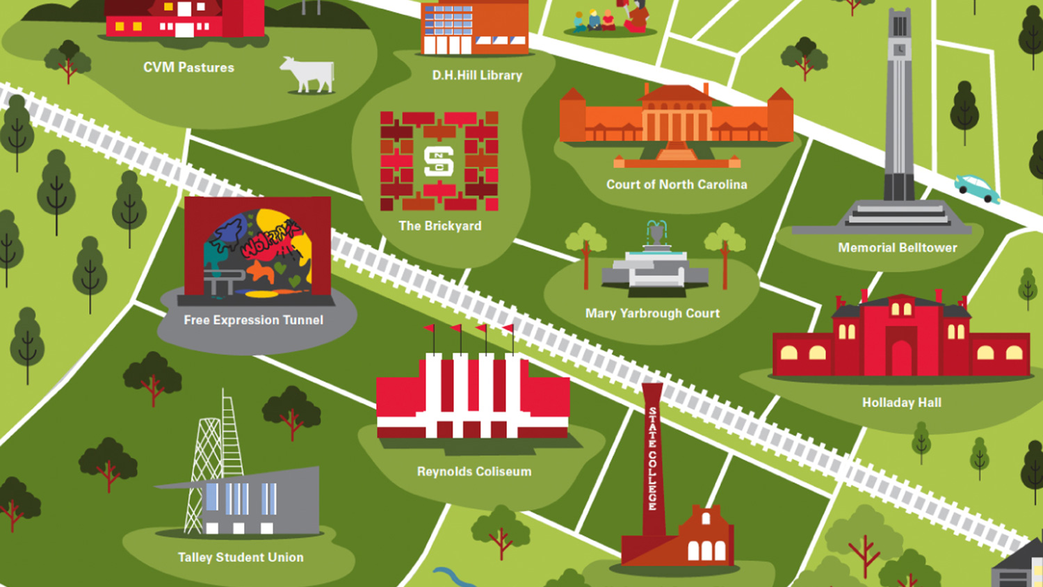 An illustrated map of landmarks on NC State's campus.