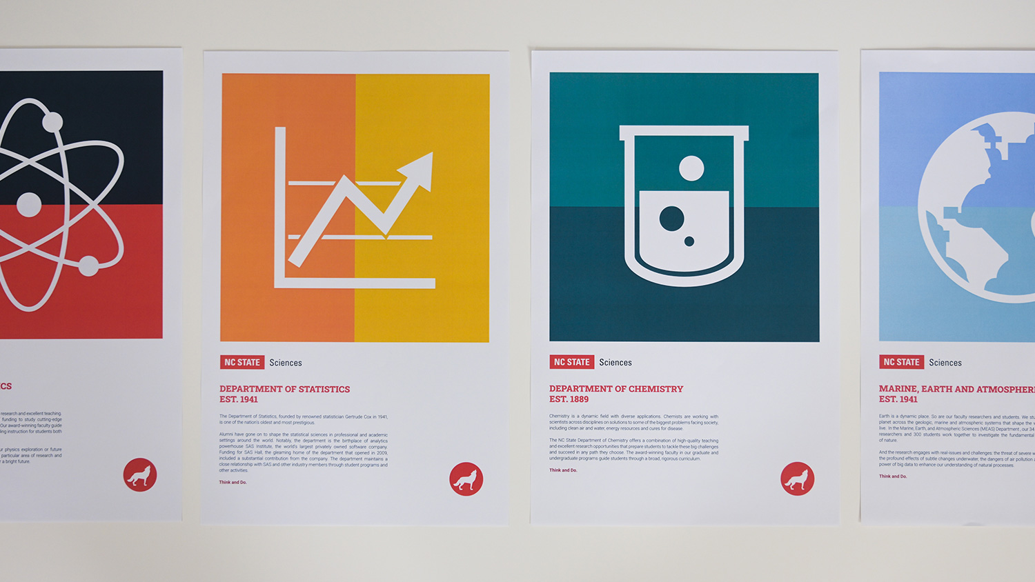 A collection of print designs following NC State's design conventions.