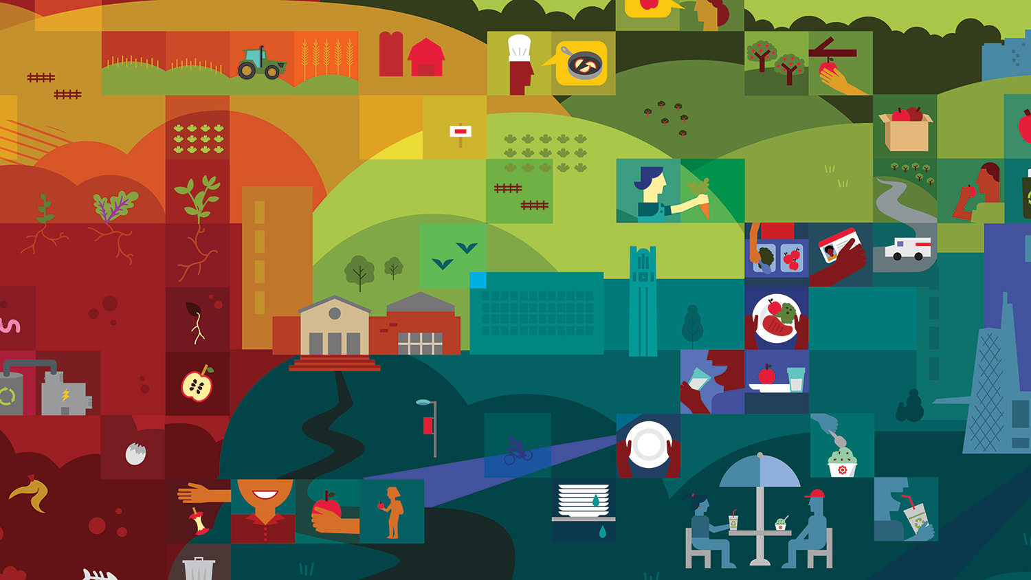 A mural using various tints and shades from NC State's expansive color palette.