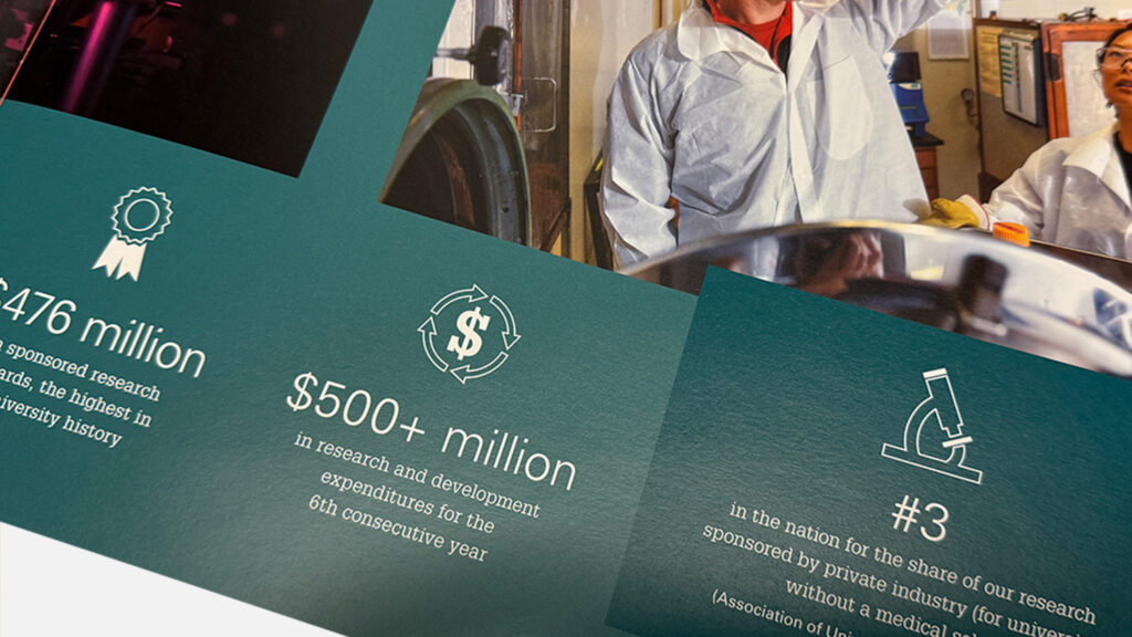 Icons paired with facts and figures on a print piece.