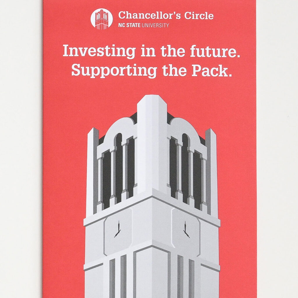 An illustration of the Memorial Belltower against a Wolfpack Red background.