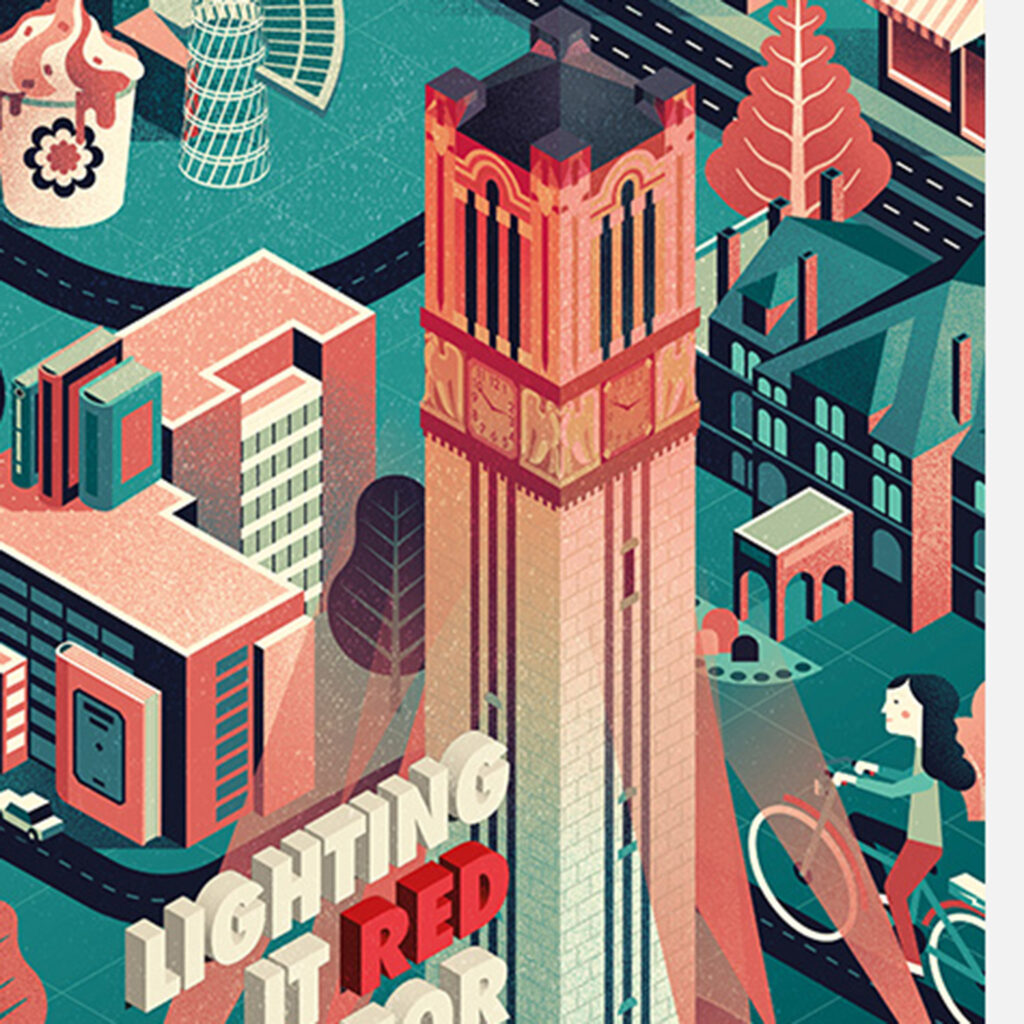 An illustration of campus that applies a texture to look like aged paper.