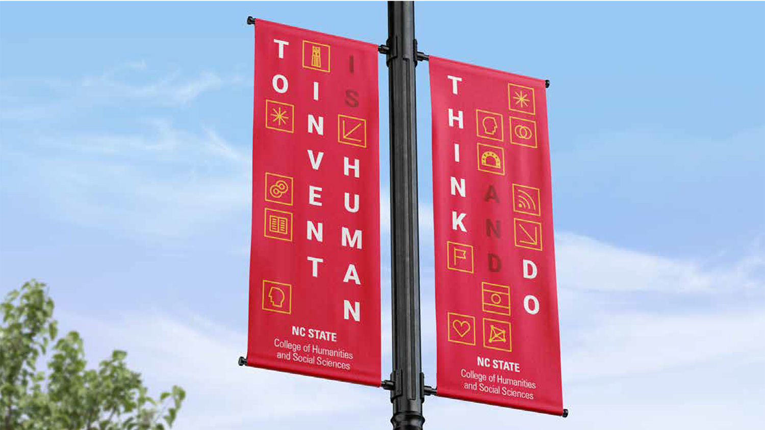 A street banner that uses a grid system with icons to add visual interest.
