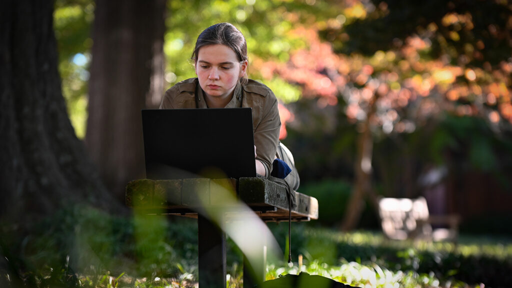 A student works on a laptop without stickers.