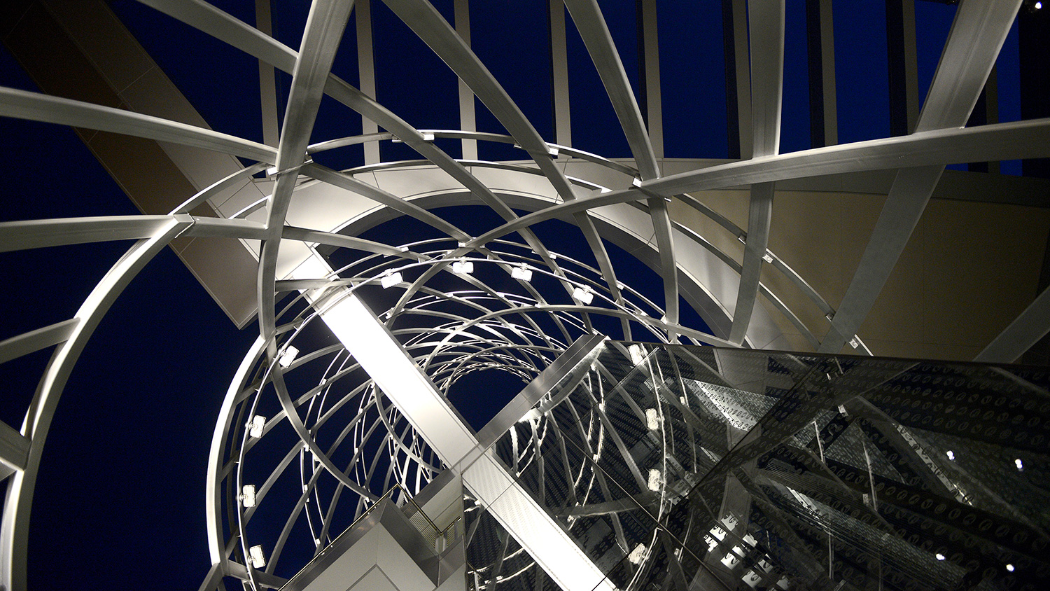 Angular lines of the tower at Talley Student Union.