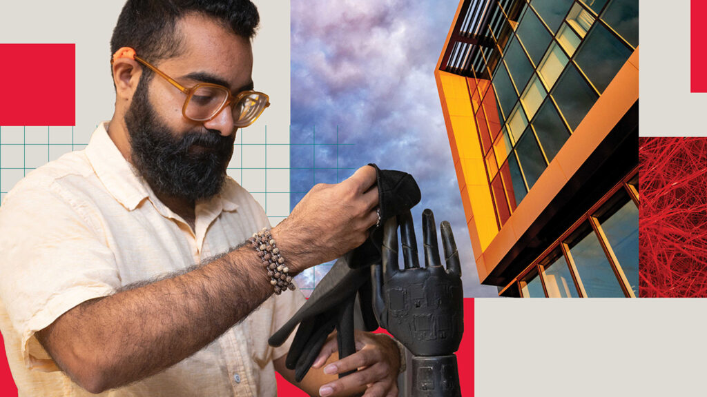 A mixed-media design combining a photo of a researcher, a campus building and textural elements.