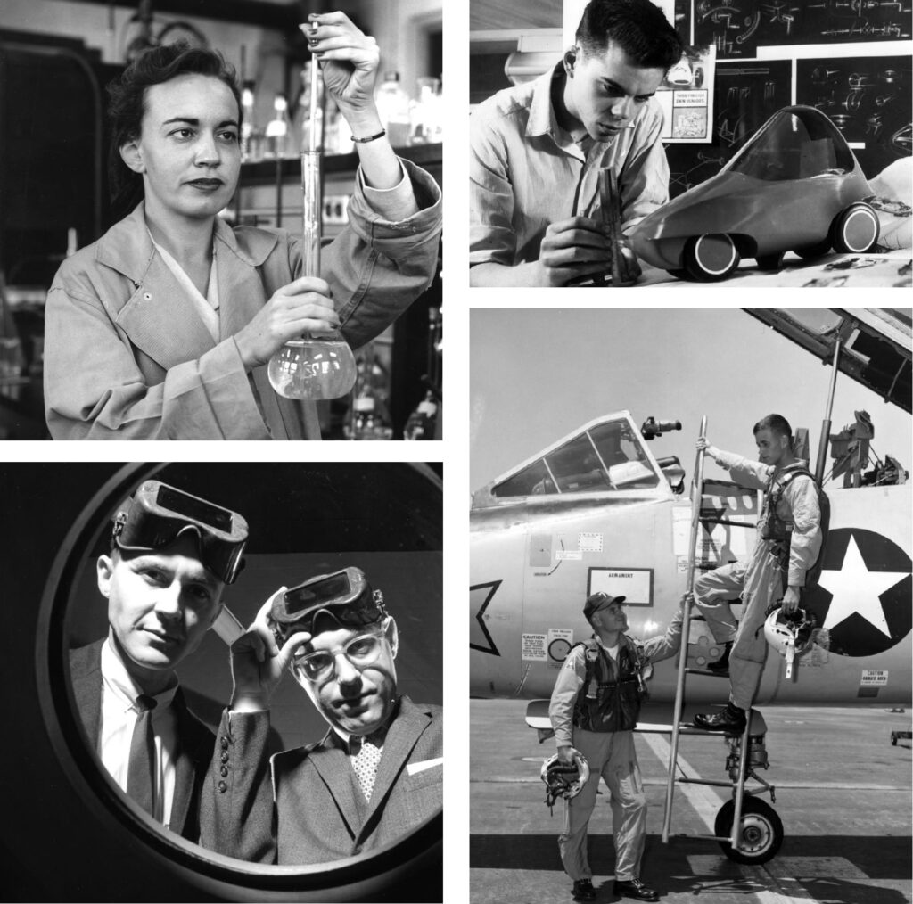 Black-and-white vintage portraits of NC State researchers doing hands-on work.