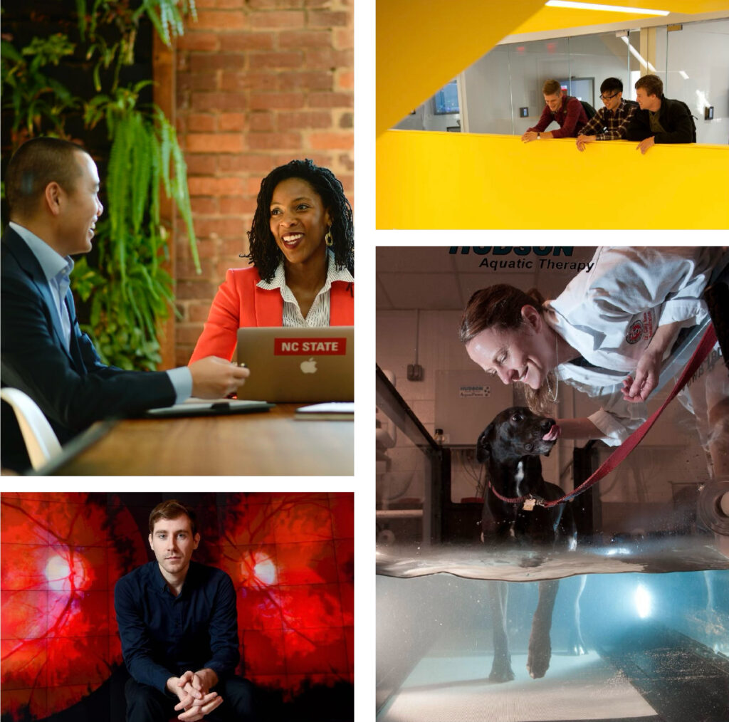 Portraits of members of the Wolfpack in dynamic spaces on campus.