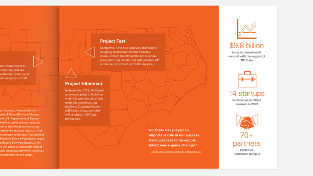 A print piece with an illustrated map, text and fact icons.
