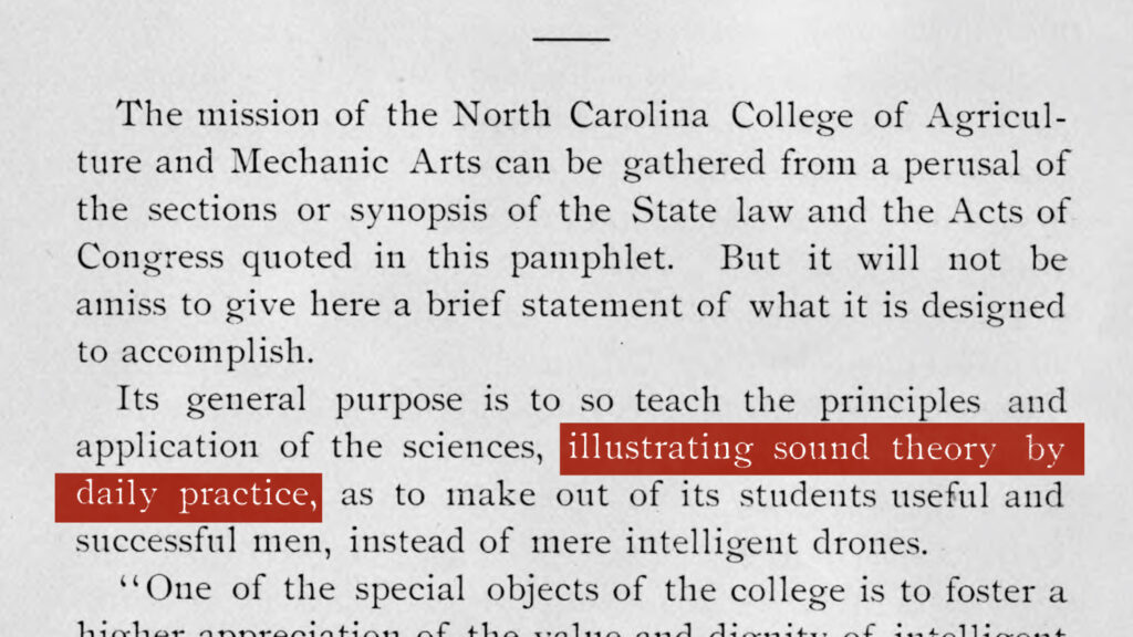 Our first course catalog, with the words "illustrating sound theory by daily practice" highlighted.