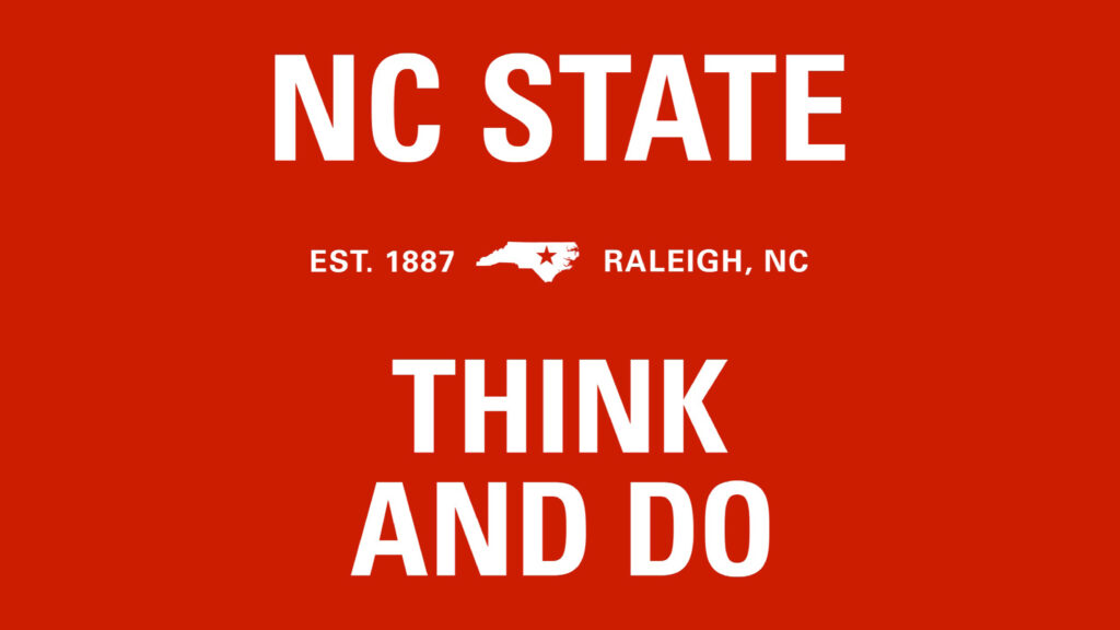 A graphic reading "NC State. Established 1887. Raleigh, NC. Think and Do."