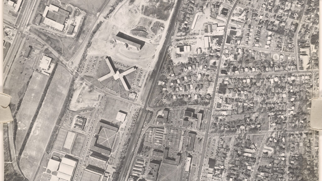 An historical aerial image of NC State's campus.