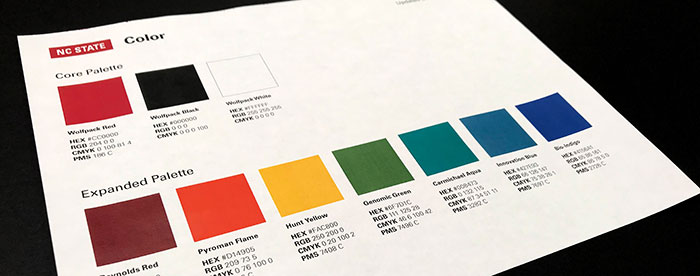 A printed guide of NC State's core and expanded color palettes.
