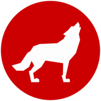 An illustrated wolf silhouette in a red circle.