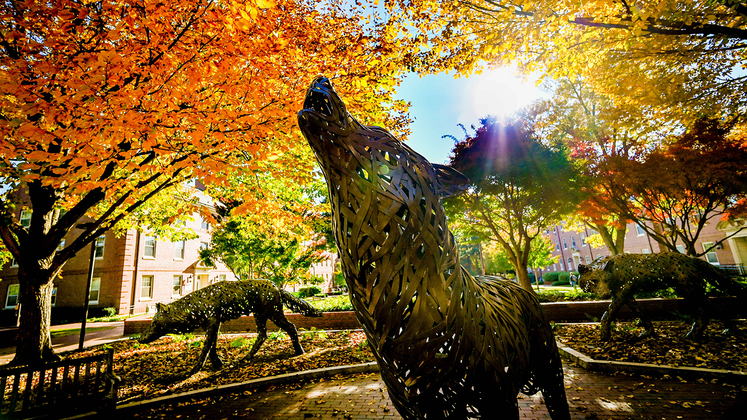 Copper wolf statues surrounded by fall foliage.