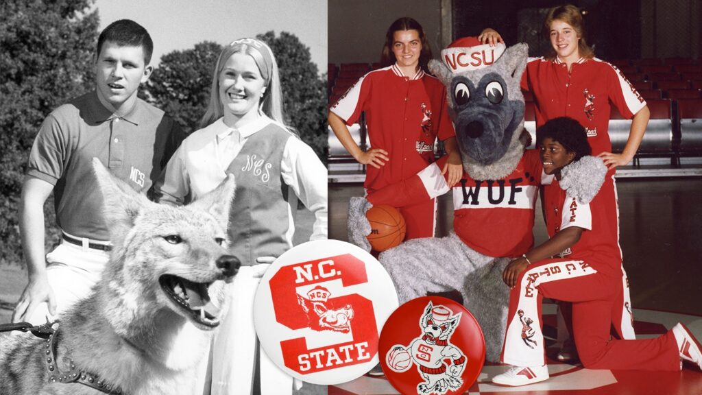 Archival snapshots of former mascots and NC State students in spirit gear.